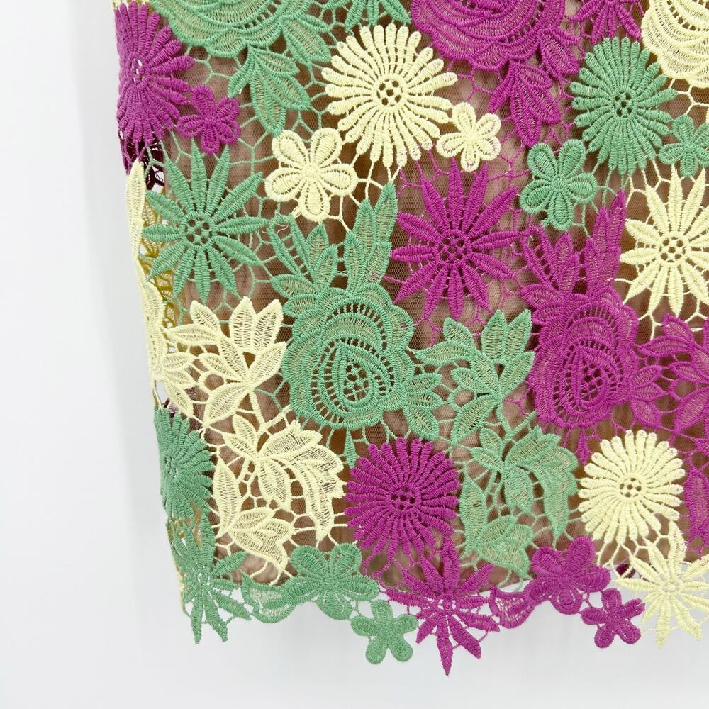 Mikael Aghal Merana 3D Floral Lace Sheath Dress Sz 4 Pink Green Yellow occasion - Picture 3 of 11